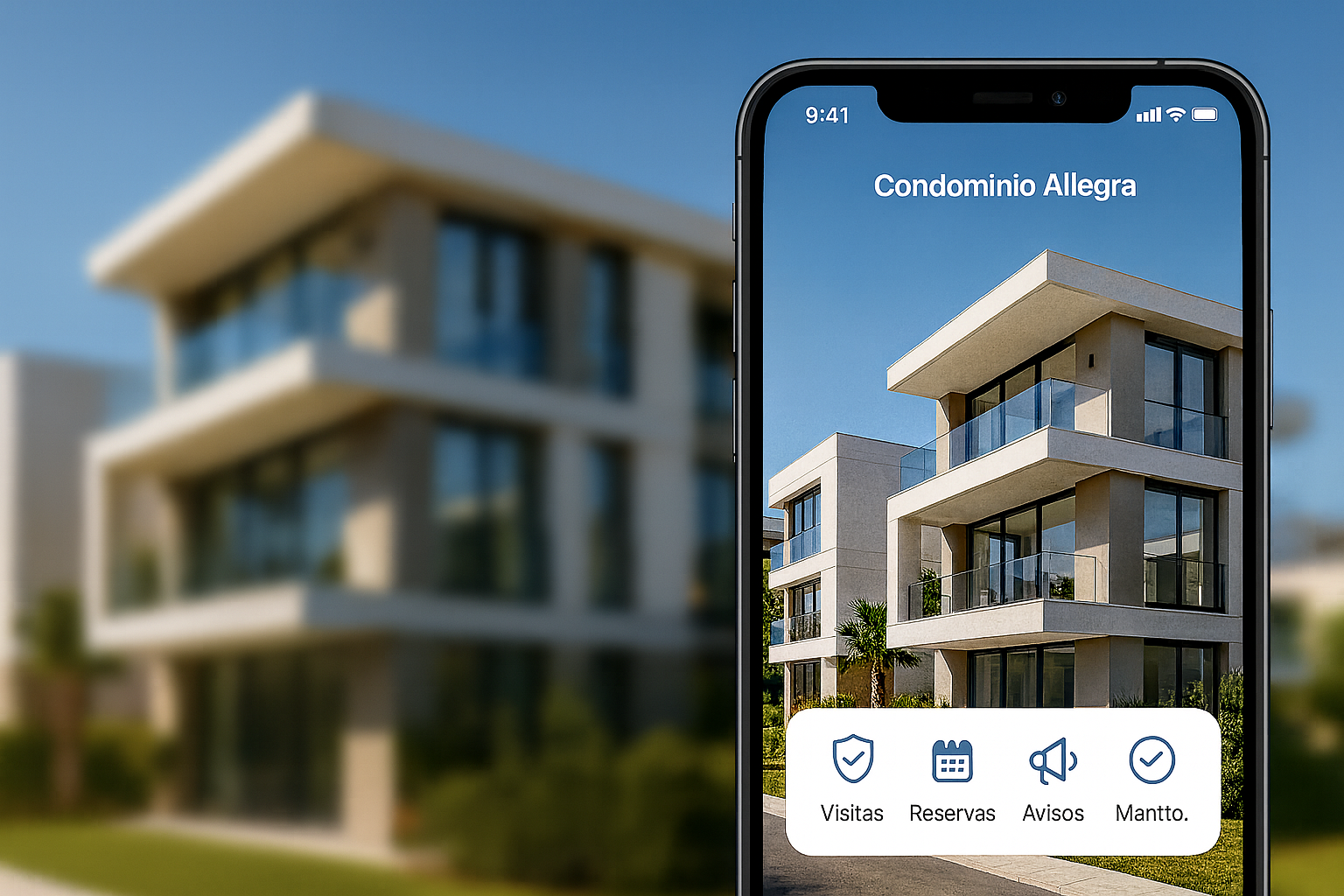 App en un teléfono mostrando un condominio moderno